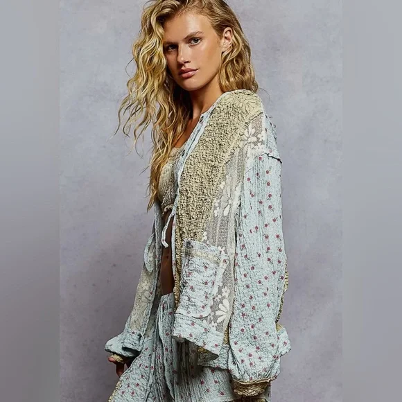 POL Hooded Boho Cottagecore Floral Lace Hoodie Jacket Sleeve Button Closure - Picture 5 of 7